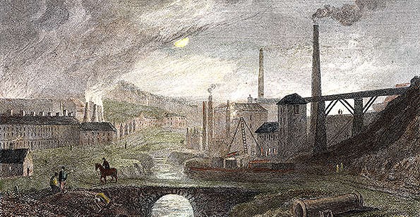 Hand coloured engraving of an industrial valley, with smoking chimneys, a canal and a stone bridge under a moonlit sky